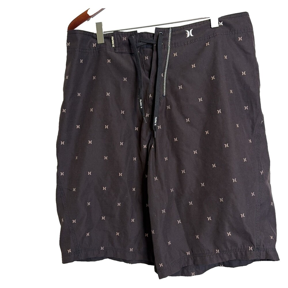 Vintage Y2K Hurley Board Shorts 35 Dark Brown All Over Icon Logo 2007 Espresso